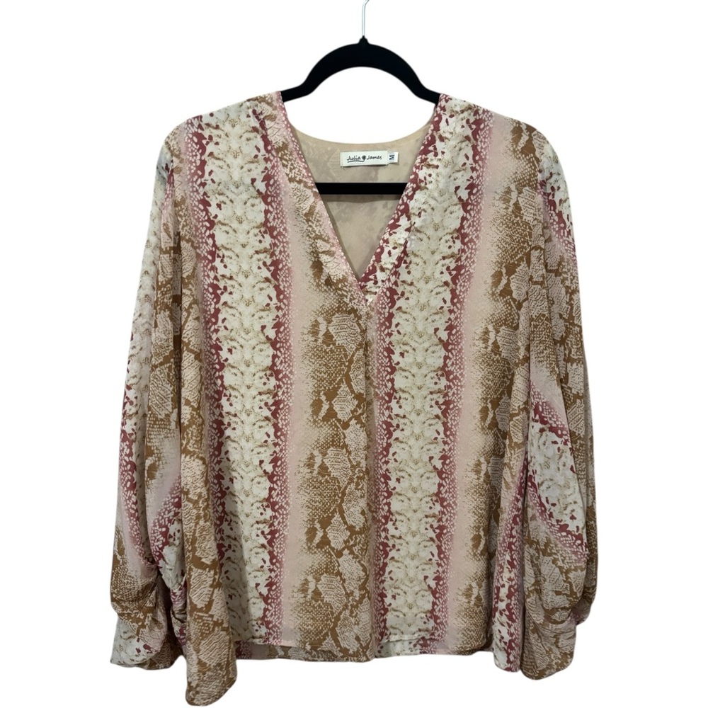 Julia James Adrienne Cream and Pink Relaxed Blouse Snakeprint‎ Long Sleeves